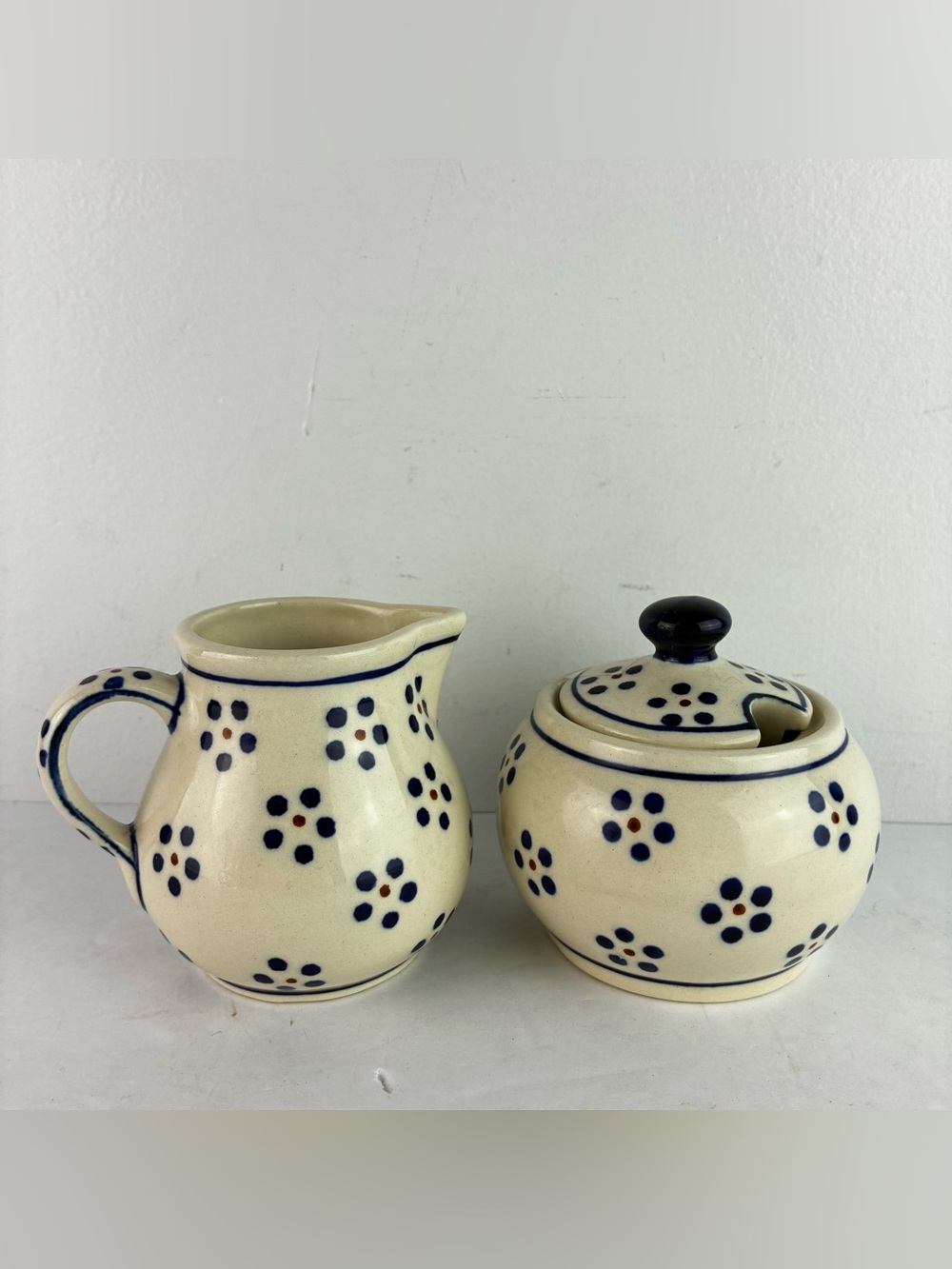 Boleslawiec Poland Ceramic Sugar Bowl & Creamer